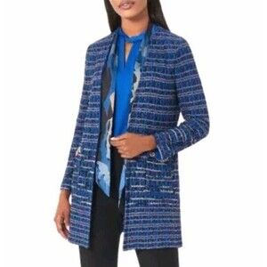 Misook Knit Jacket Women's Medium Blue Chain Trimed Pocket Tweed Stretch Acrylic